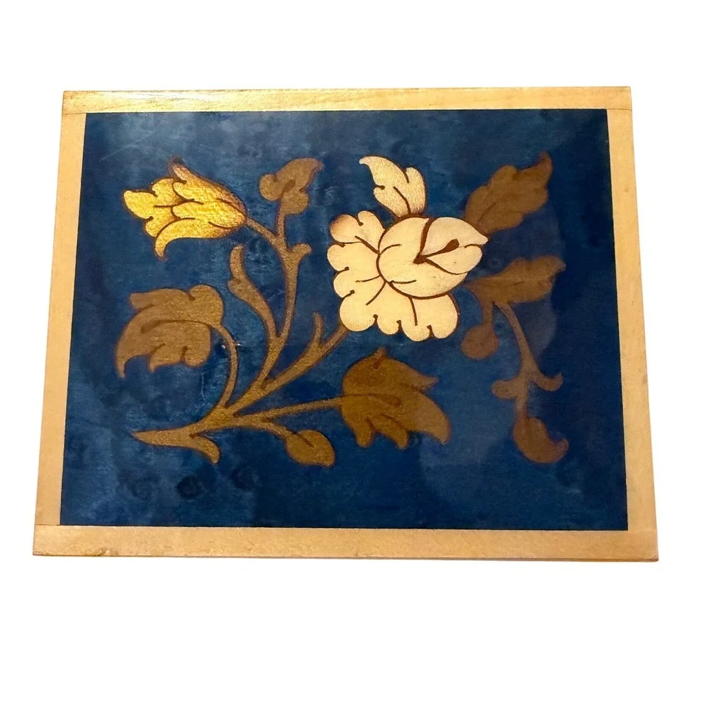 Reuge Italy Musical Jewelry Box Blue Wood Marquetry Floral Inlay Vintage Swiss‎